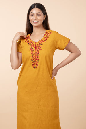 Floral Embroidered Nighty - Mustard