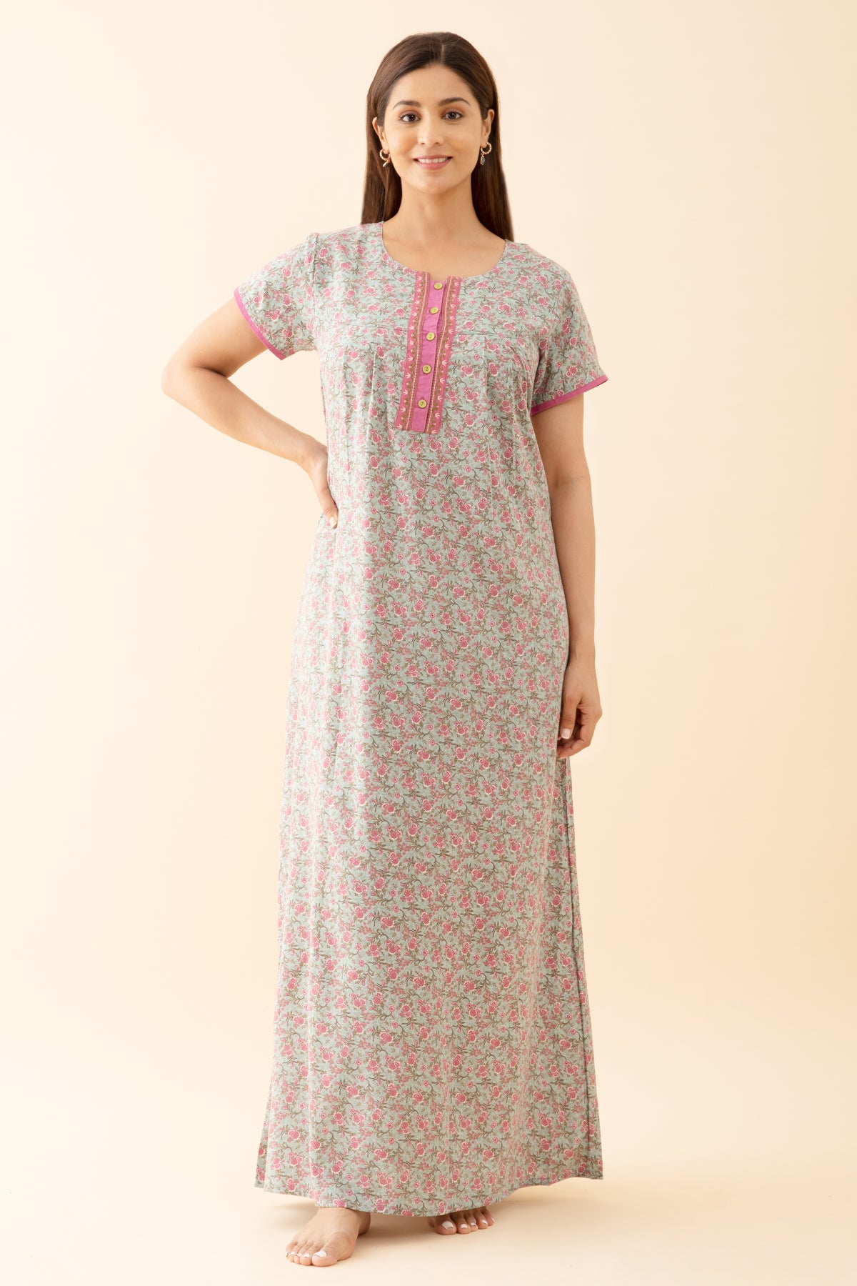 All Over Ditsy Printed Nighty with Embroidered Yoke Green