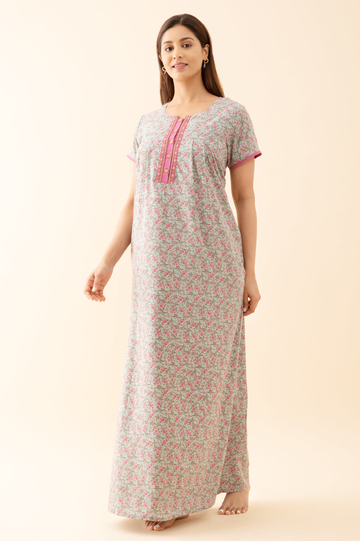 All Over Ditsy Printed Nighty with Embroidered Yoke Green