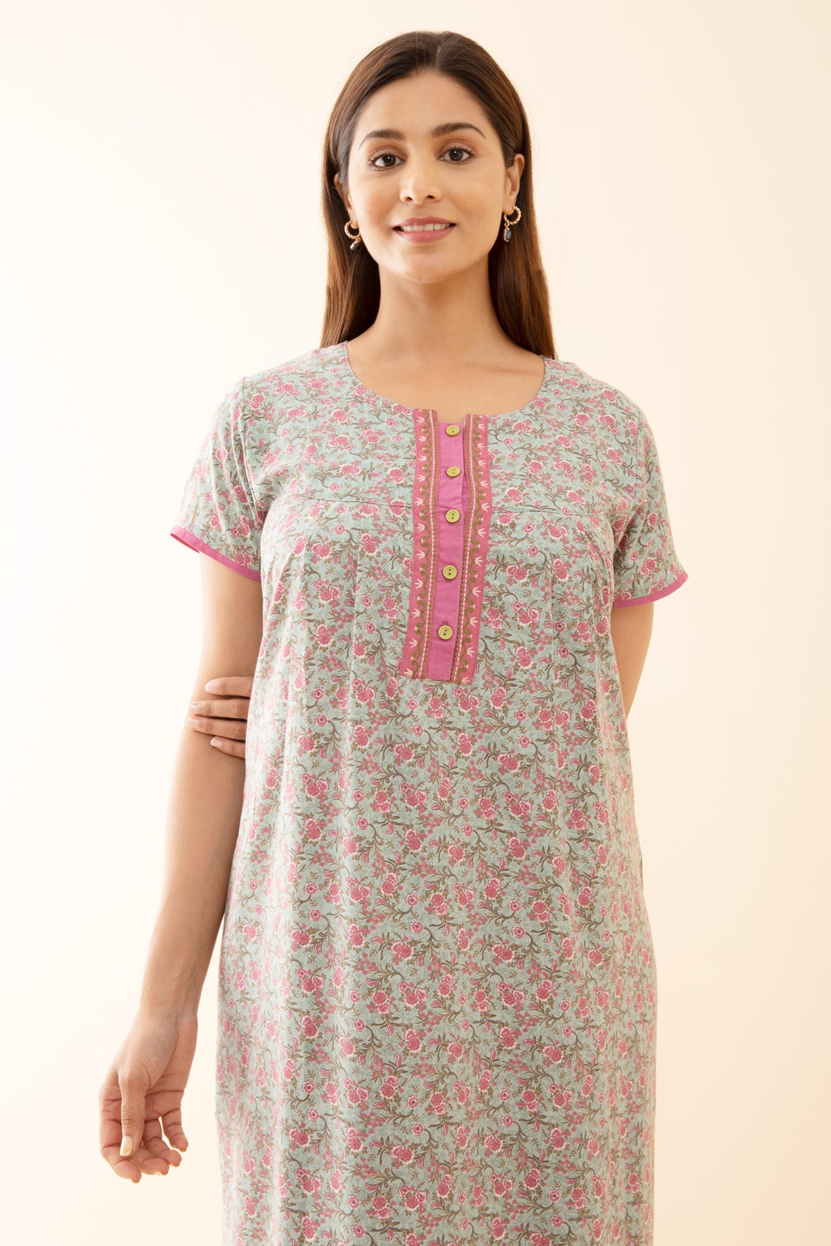 All Over Ditsy Printed Nighty with Embroidered Yoke Green