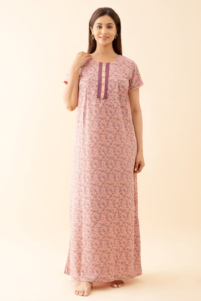 All-Over Ditsy Printed Nighty with Embroiderd Yoke - Pink