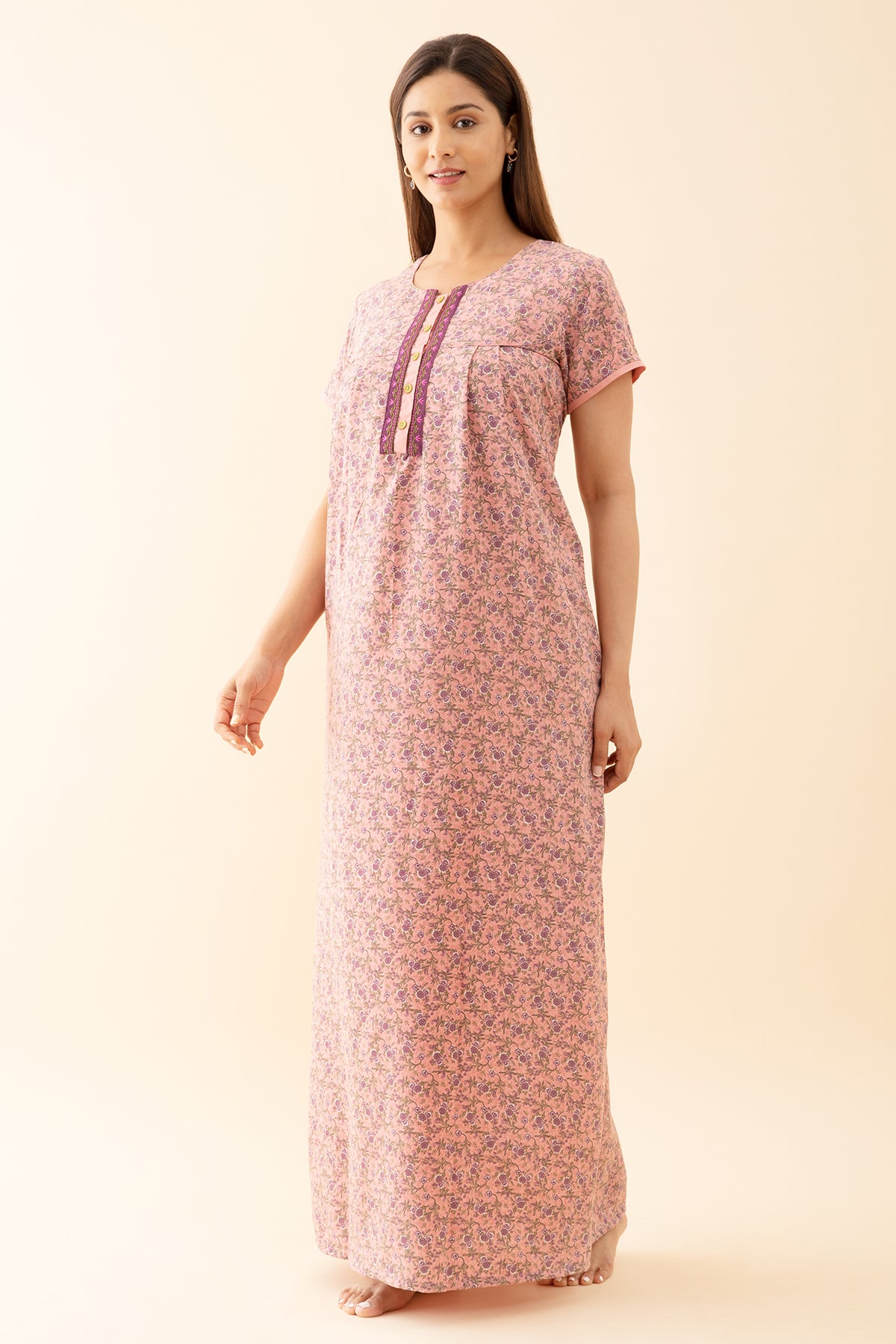 All Over Ditsy Printed Nighty with Embroidered Yoke Pink