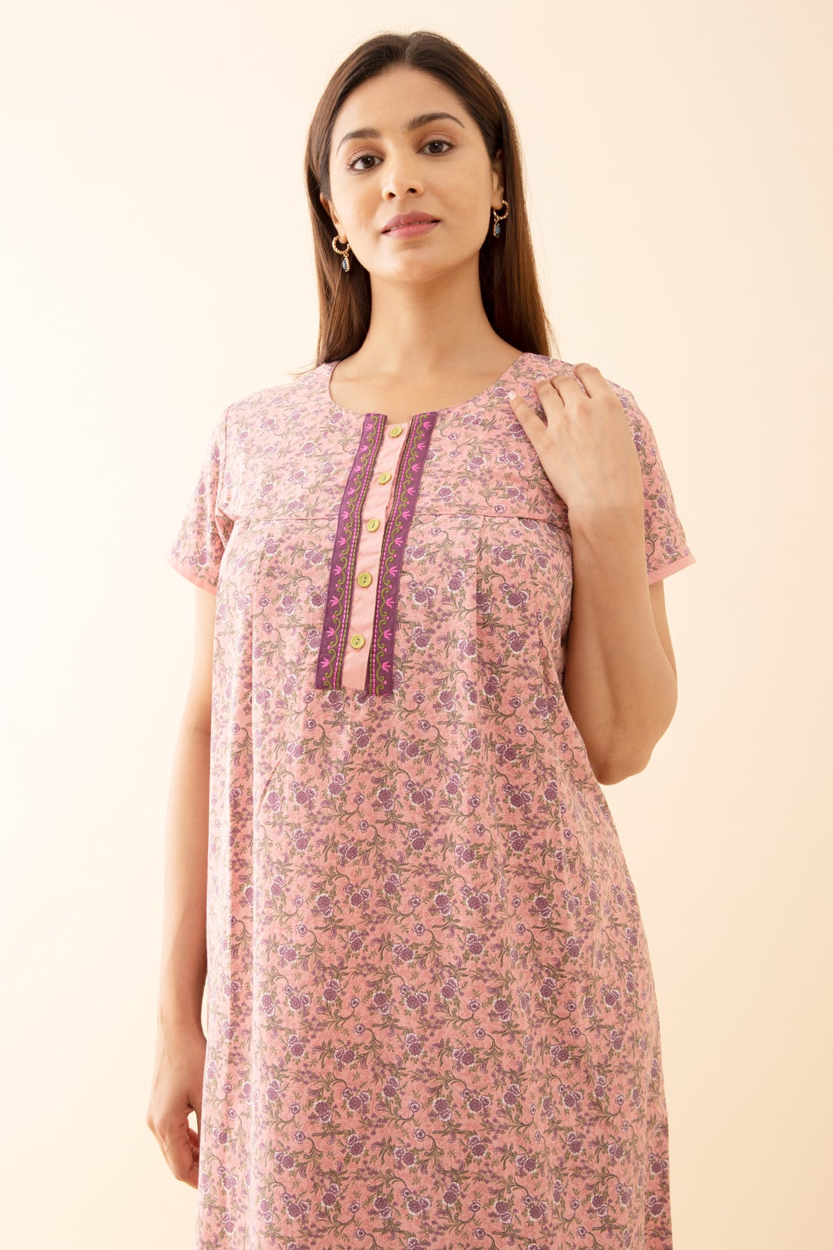 All Over Ditsy Printed Nighty with Embroidered Yoke Pink