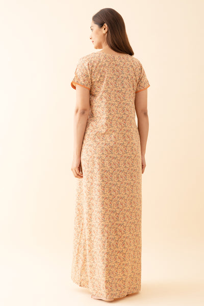 All-Over Ditsy Printed Nighty with Embroiderd Yoke - Yellow