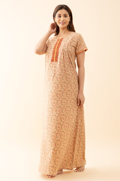 All Over Ditsy Printed Nighty with Embroidered Yoke Yellow