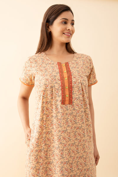 All Over Ditsy Printed Nighty with Embroidered Yoke Yellow