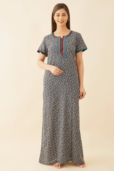 All Over Floral Printed With Contrast Paisley Embroidered Yoke Nighty - Black