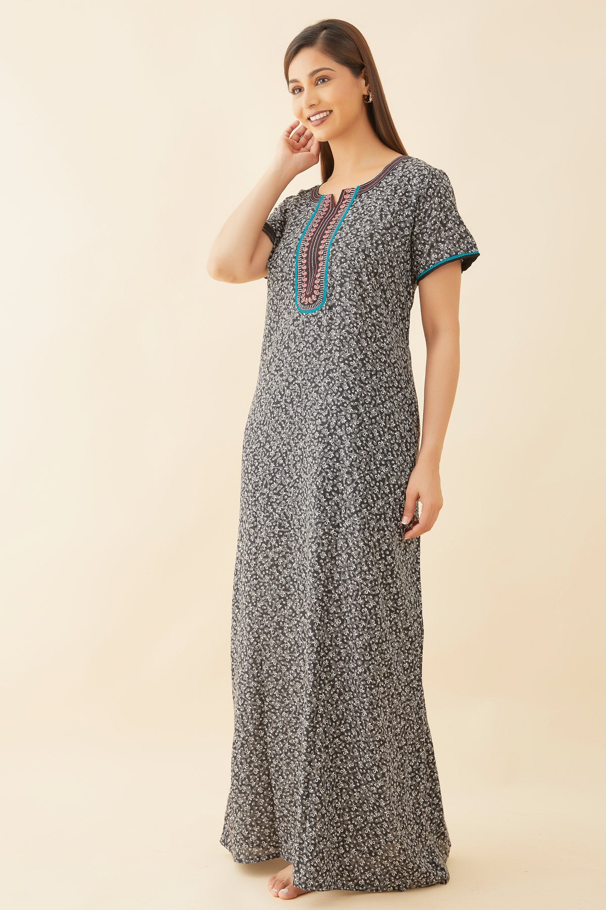 All Over Floral Printed With Contrast Paisley Embroidered Yoke Nighty - Black