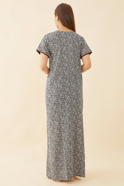 All Over Floral Print With Contrast Paisley Embroidered Yoke Nighty - Grey