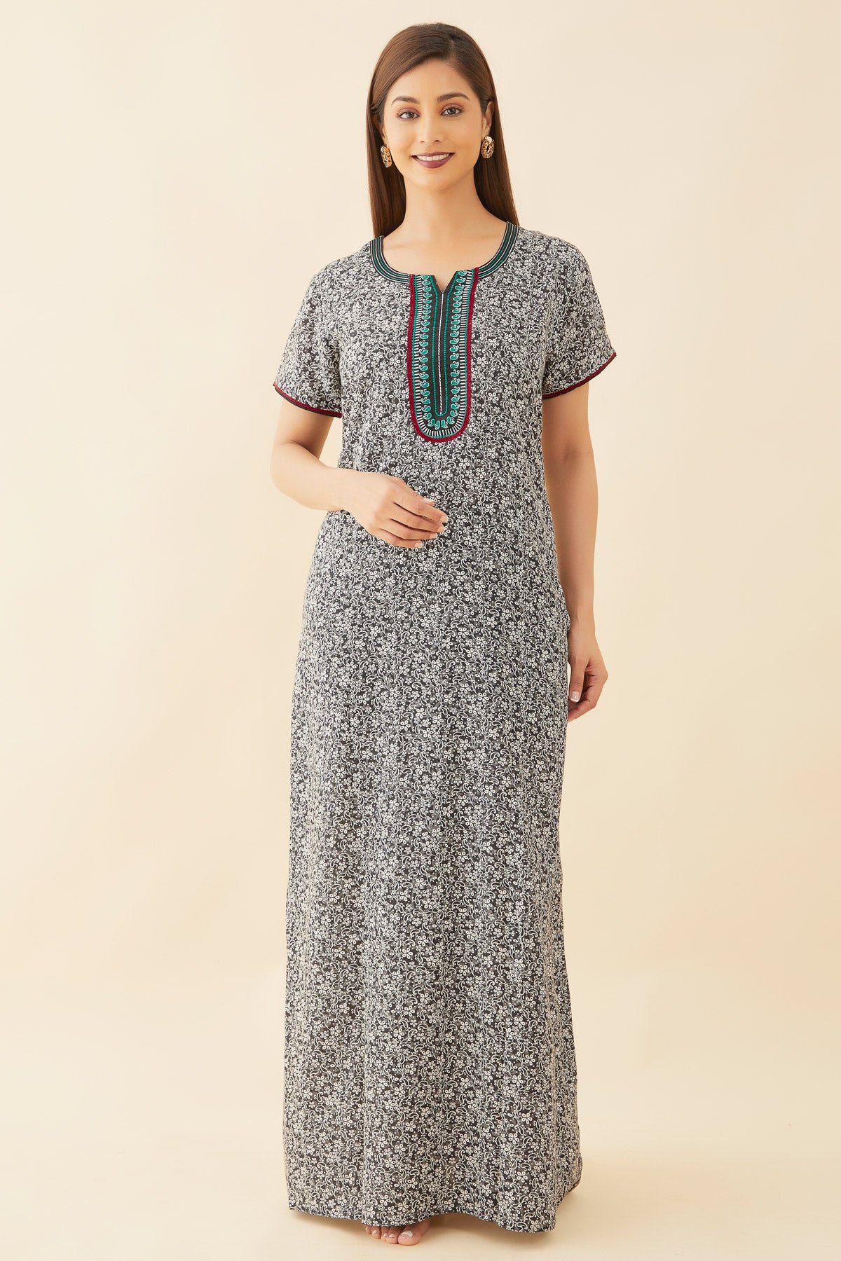 All Over Floral Print With Contrast Paisley Embroidered Yoke Nighty - Grey