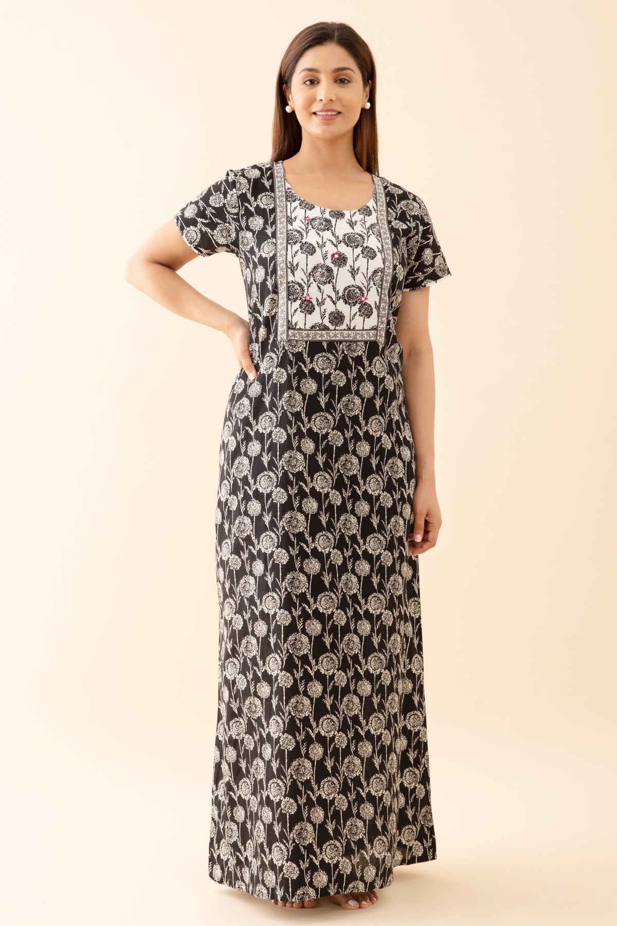 Dandelion Floral Printed NIghty with Contrast Yoke Patchwork - Black