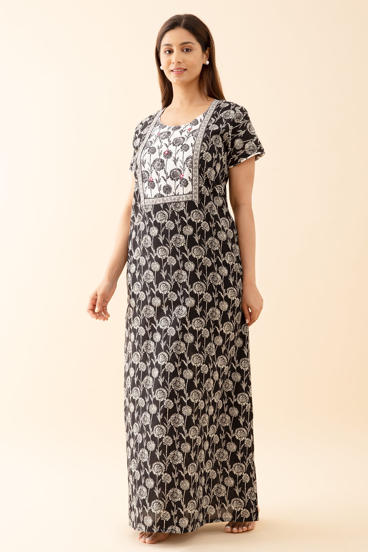 Dandelion Floral Printed NIghty with Contrast Yoke Patchwork - Black
