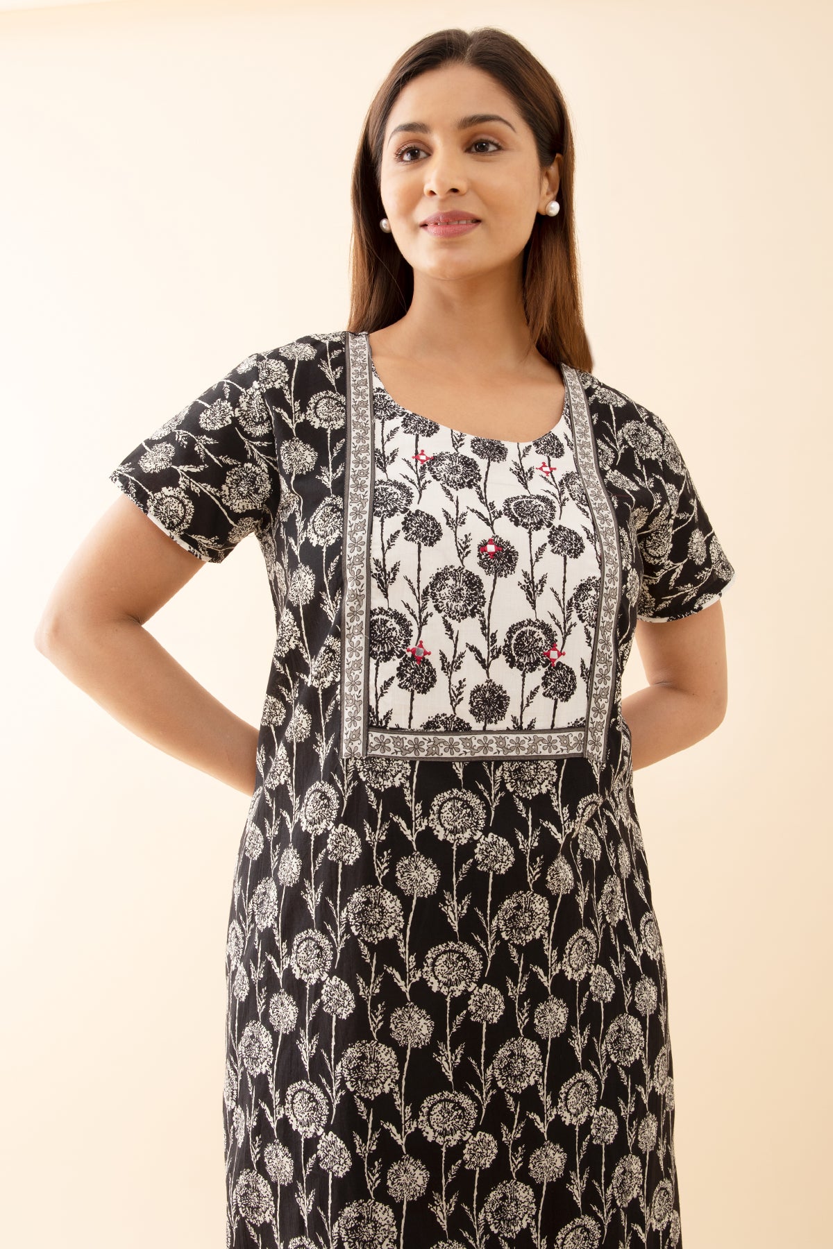 Dandelion Floral Printed NIghty with Contrast Yoke Patchwork - Black
