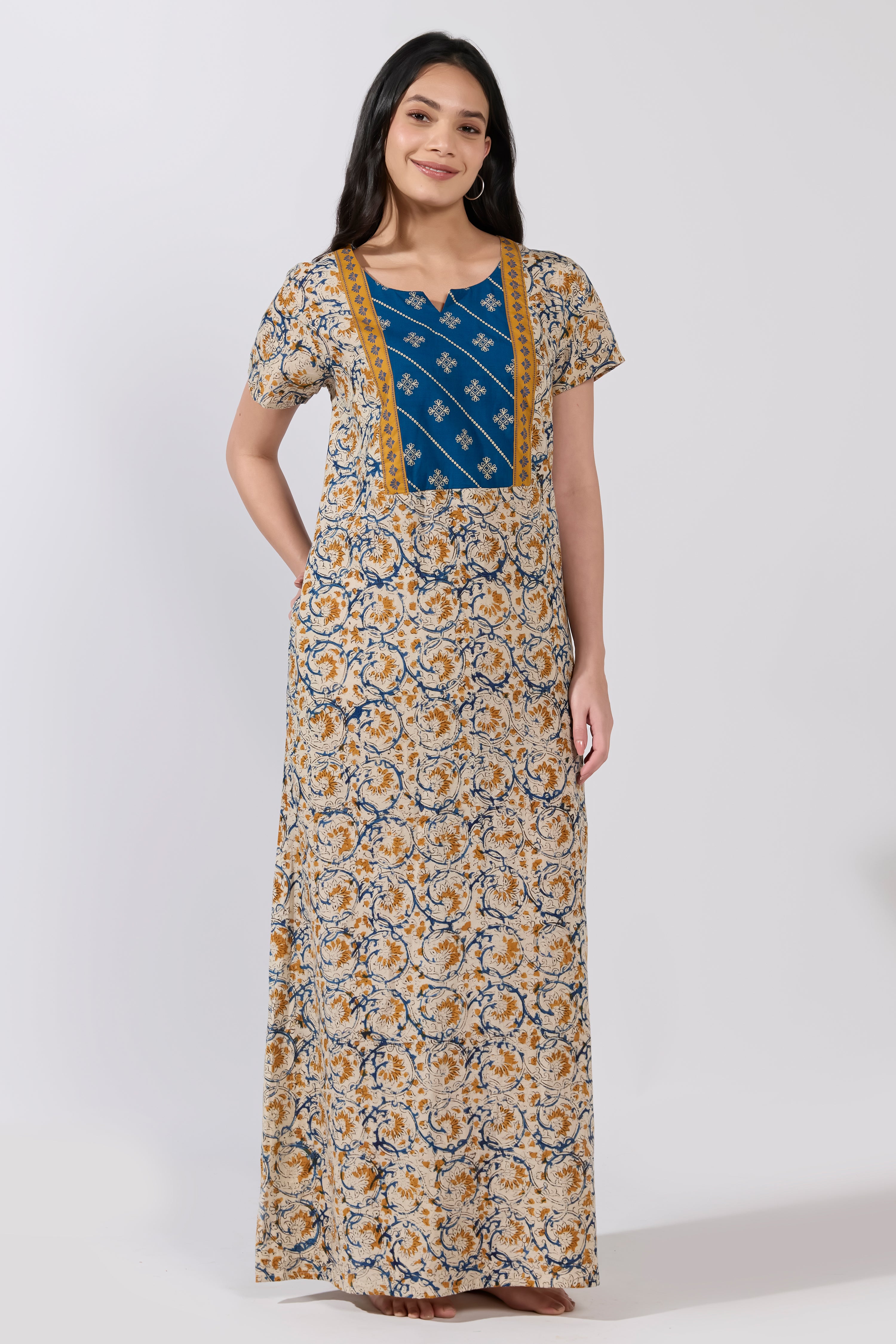 Mustard Kalamkari Cotton Nightwear