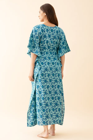 Abstract Floral Printed Kaftan with Front tie up Drawstring Blue
