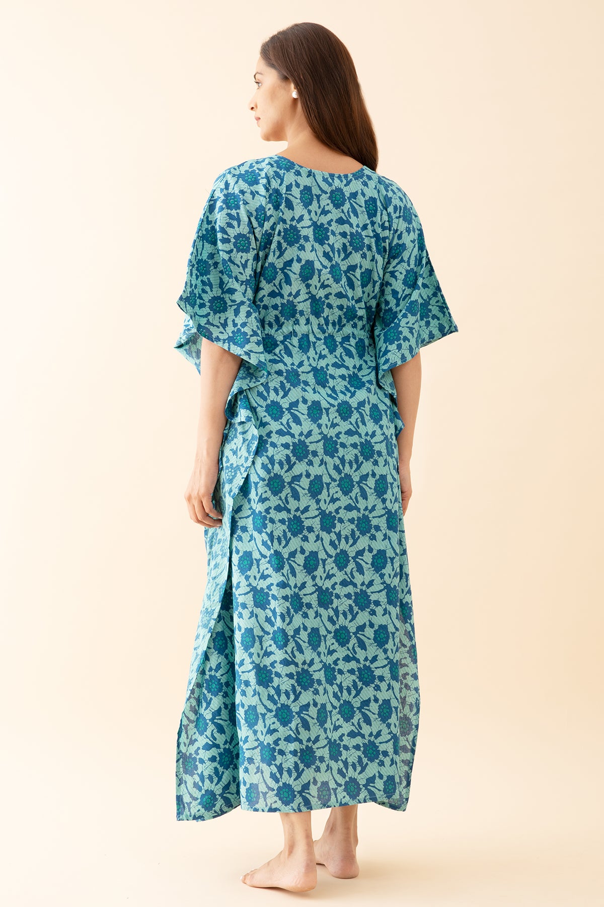 Abstract Floral Printed Kaftan with Front tie up Drawstring Blue