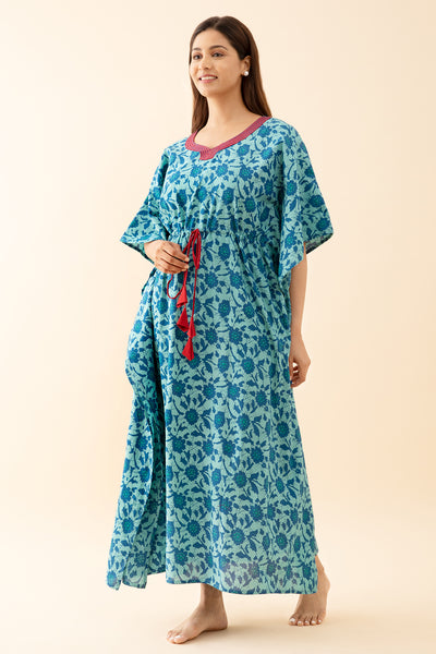 Abstract Floral Printed Kaftan with Front tie up Drawstring Blue