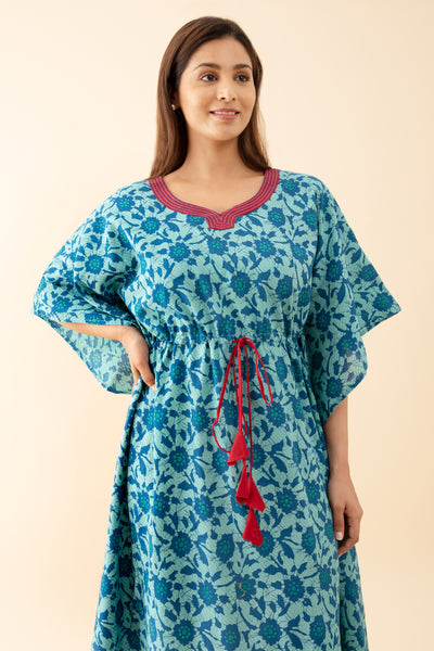 Abstract Floral Printed Kaftan with Front tie-up Drawstring - Blue