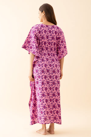 Abstract Floral Printed Kaftan with Front tie up Drawstring Pink
