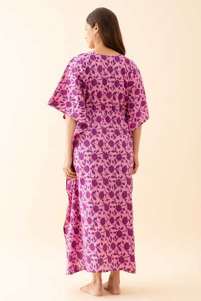 Abstract Floral Printed Kaftan with Front tie up Drawstring Pink