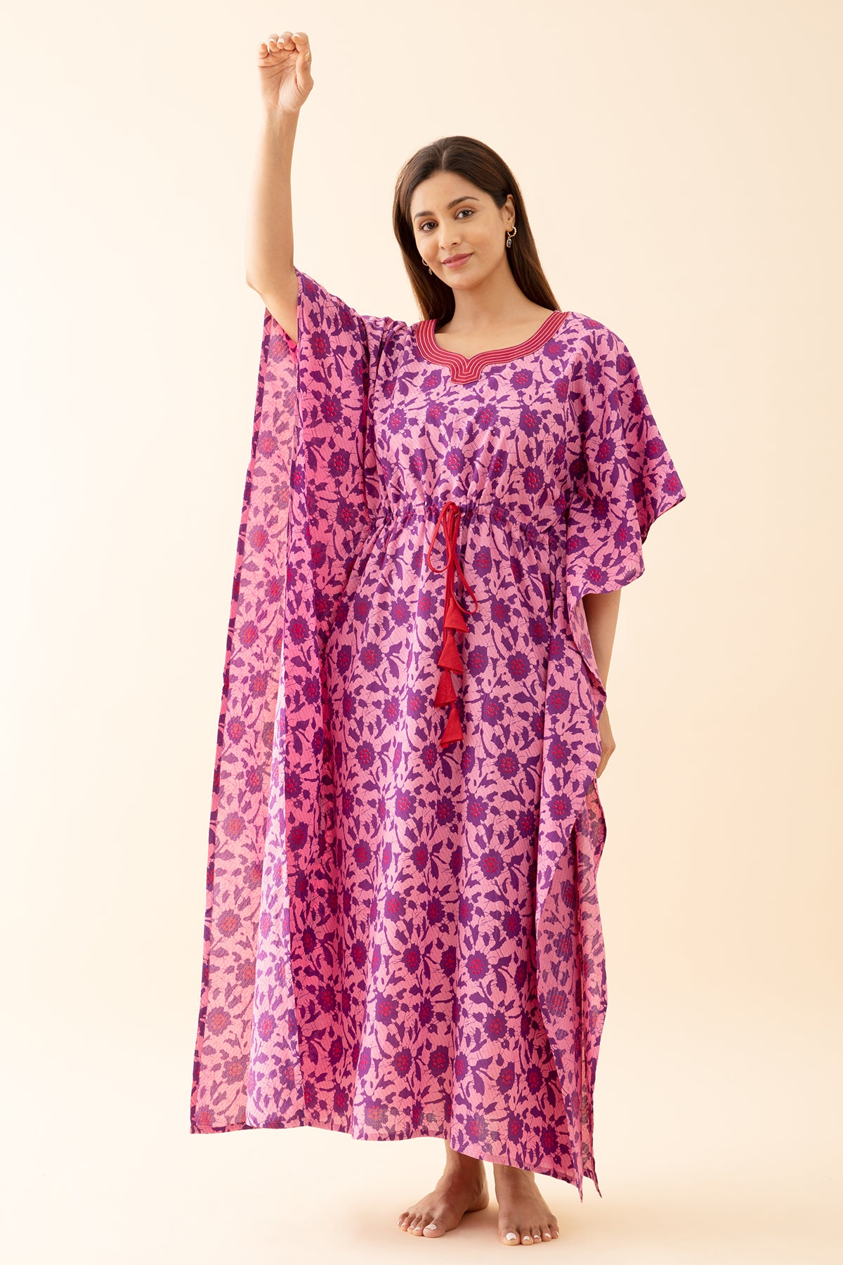 Abstract Floral Printed Kaftan with Front tie up Drawstring Pink
