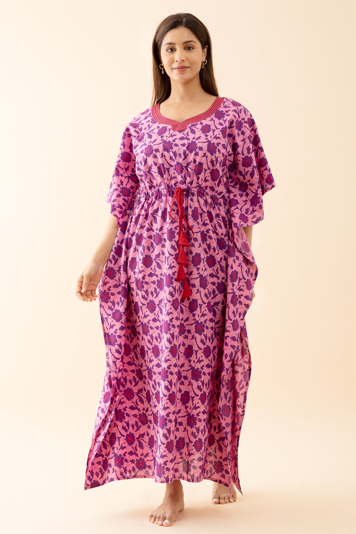 Abstract Floral Printed Kaftan with Front tie up Drawstring Pink
