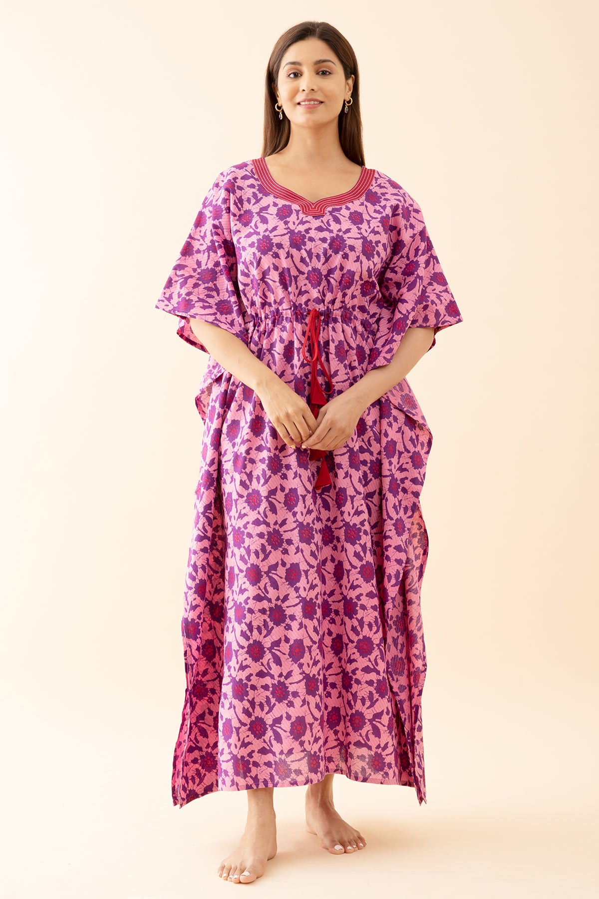 Abstract Floral Printed Kaftan with Front tie-up Drawstring - Pink