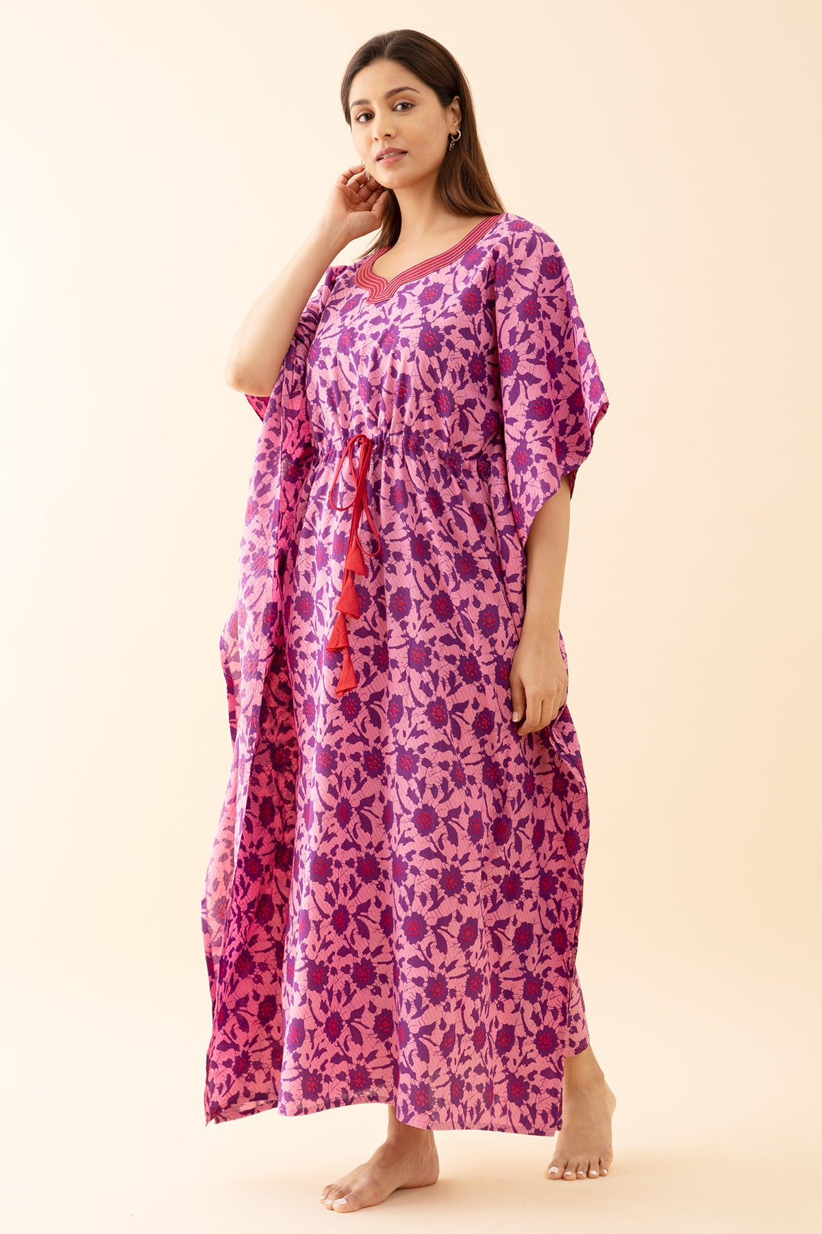 Abstract Floral Printed Kaftan with Front tie up Drawstring Pink
