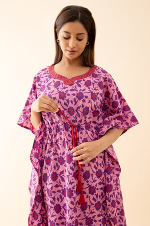 Abstract Floral Printed Kaftan with Front tie up Drawstring Pink
