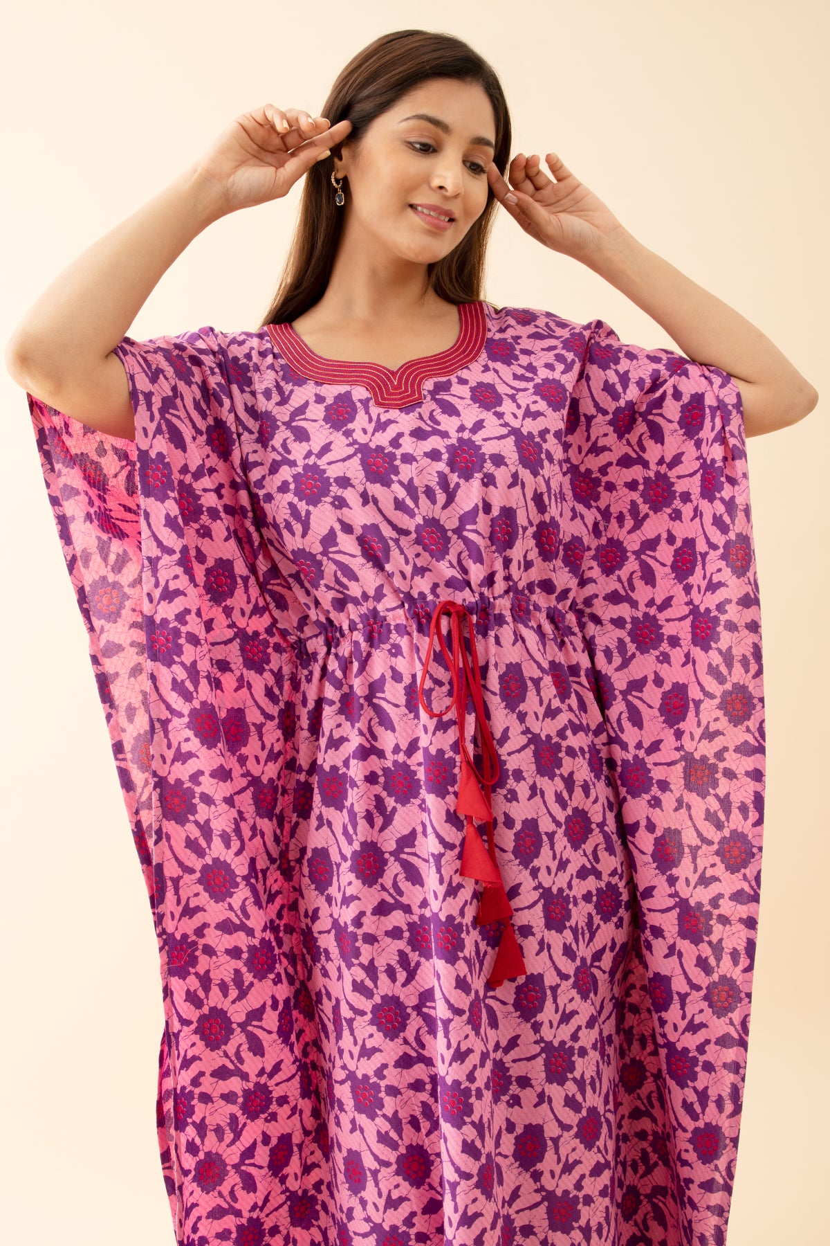 Abstract Floral Printed Kaftan with Front tie-up Drawstring - Pink