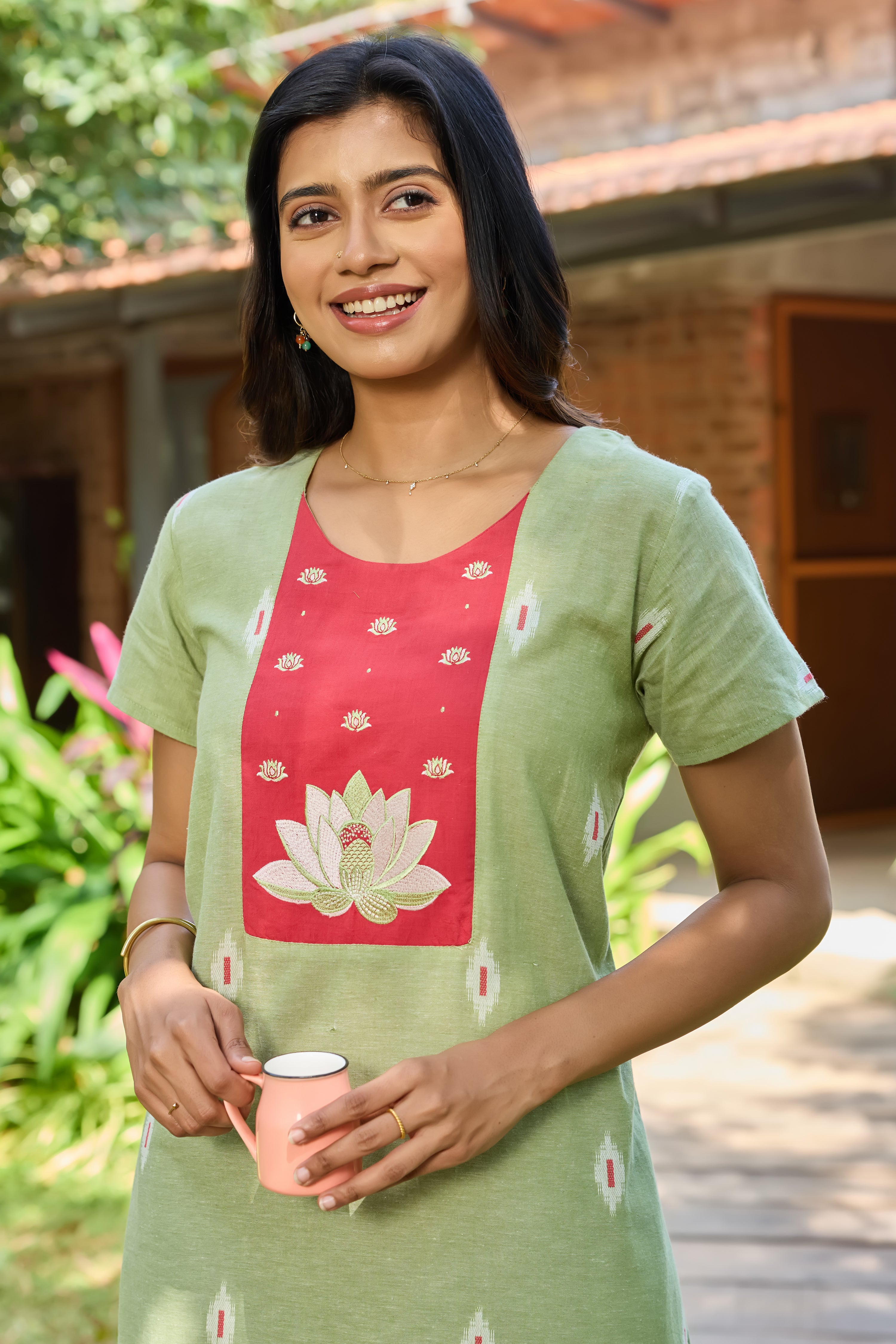 GREEN LOTUS EMBROIDERED IKAT COTTON NIGHTWEAR