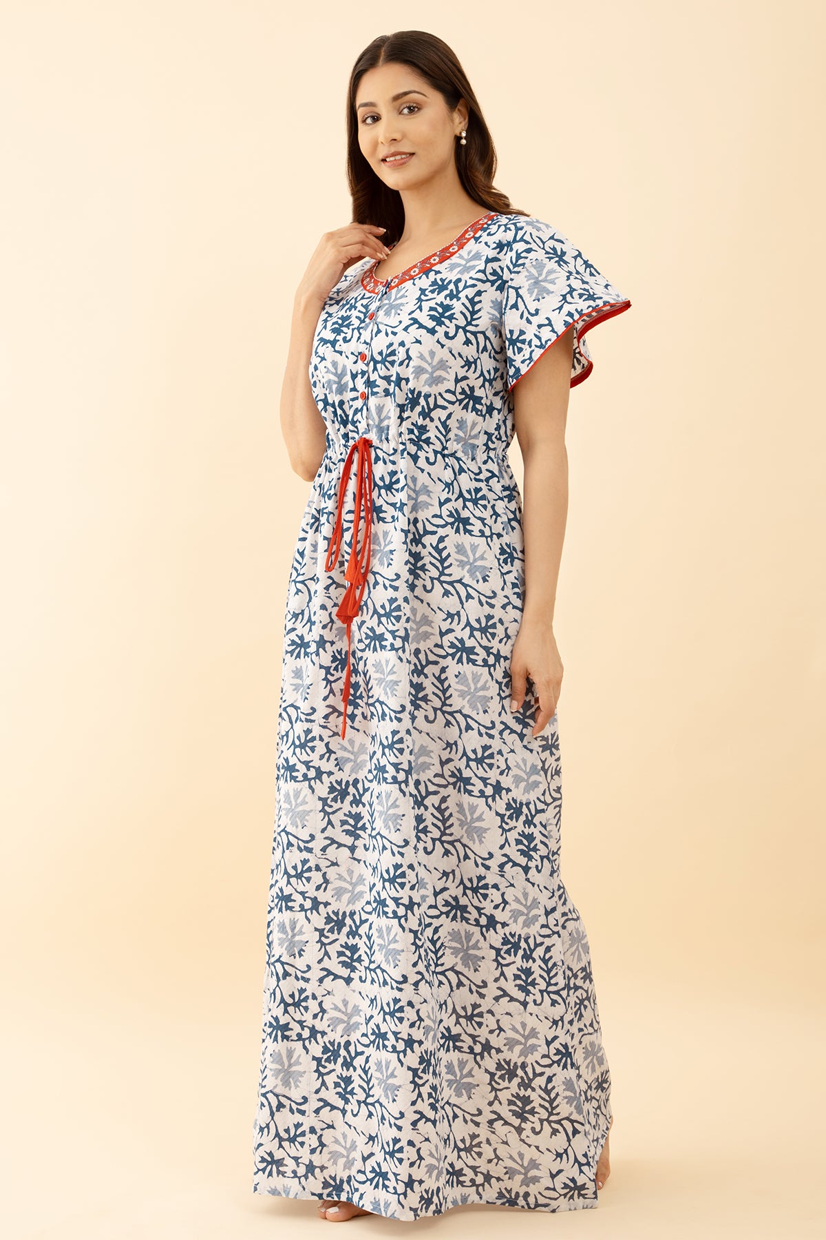 Floral PRinted Nighty with Waist Tie-up - Blue