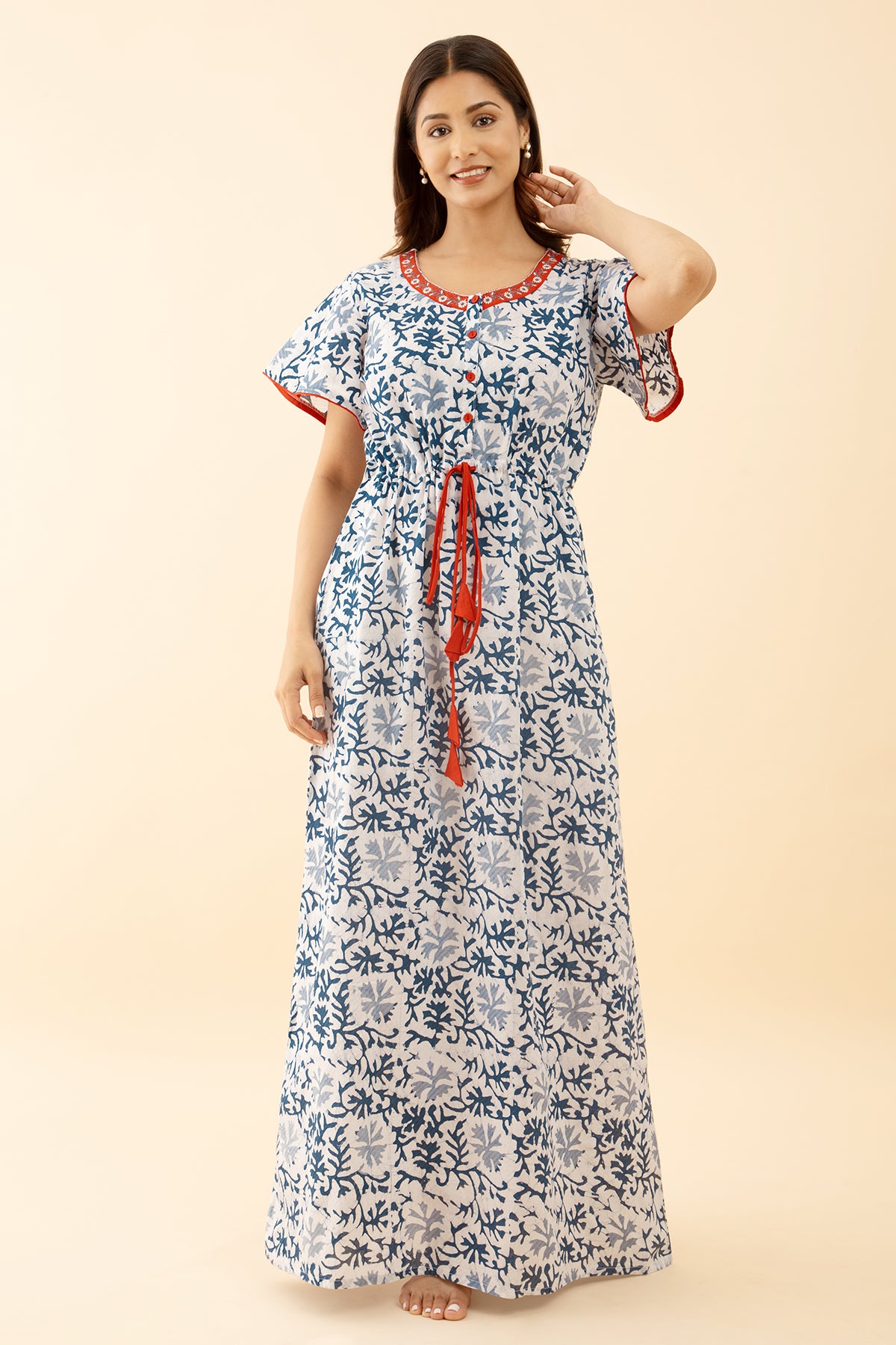 Floral PRinted Nighty with Waist Tie-up - Blue