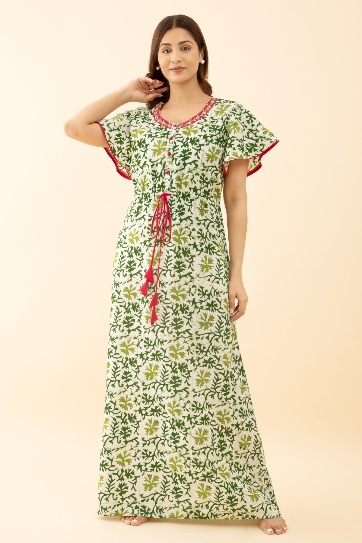 Floral Printed Green Color Nighty with Embroidered