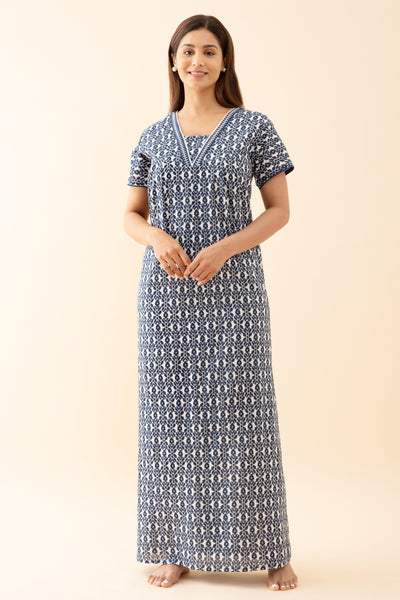 Geometric Printed Nighty with Lace Embellished Neckline - Blue