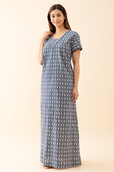 Geometric Printed Nighty with Lace Embellished Neckline - Blue