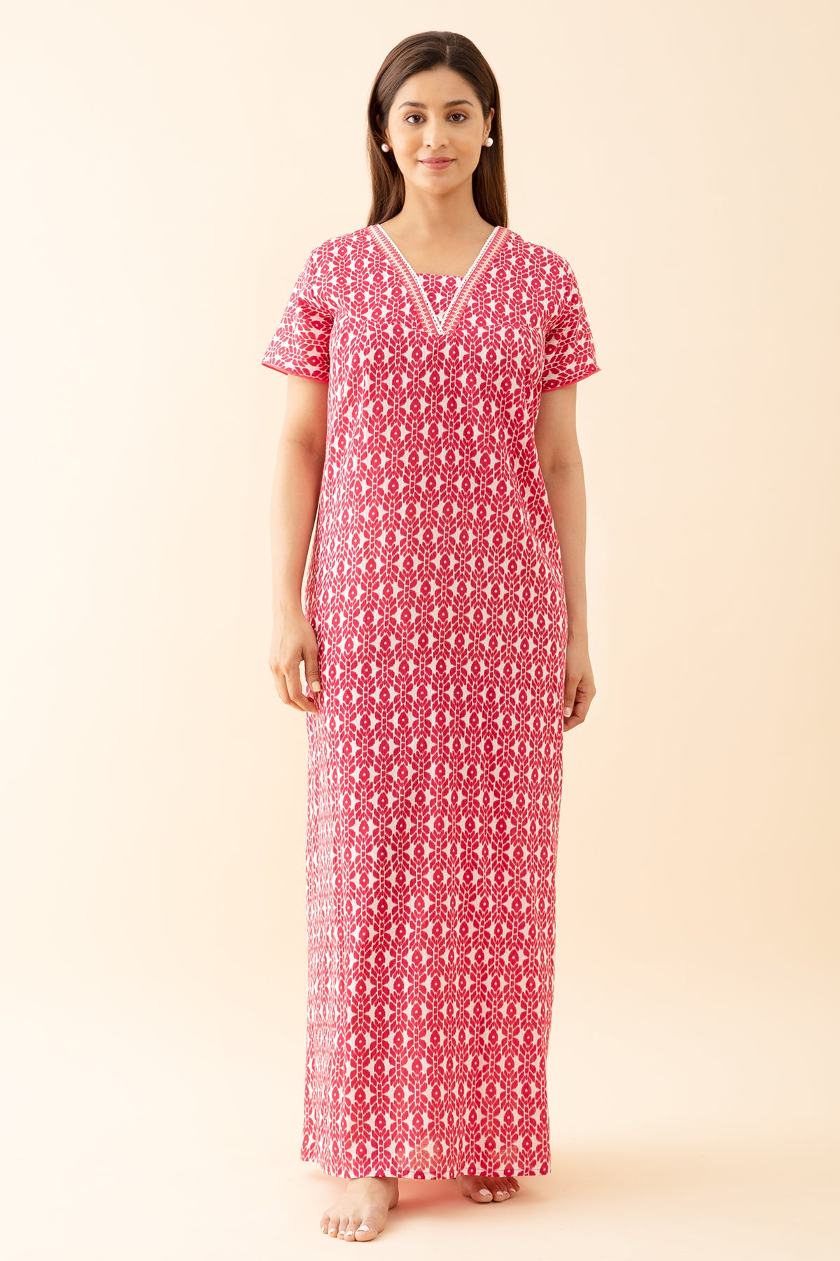 Geometric Printed Nighty with Lace Embellished Neckline Pink