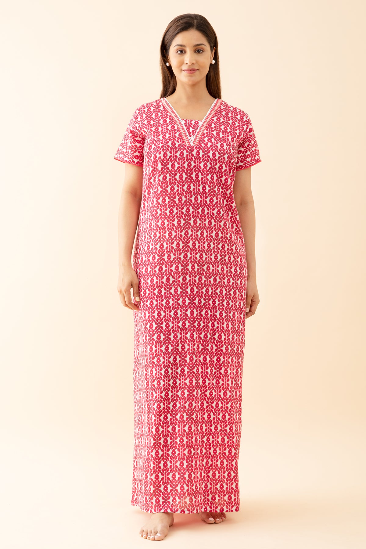 Geometric Printed Nighty with Lace Embellished Neckline - Pink