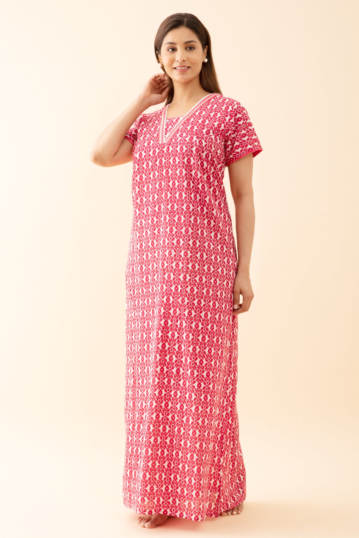 Geometric Printed Nighty with Lace Embellished Neckline Pink