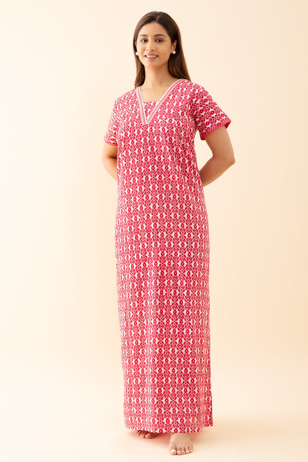 Geometric Printed Nighty with Lace Embellished Neckline - Pink