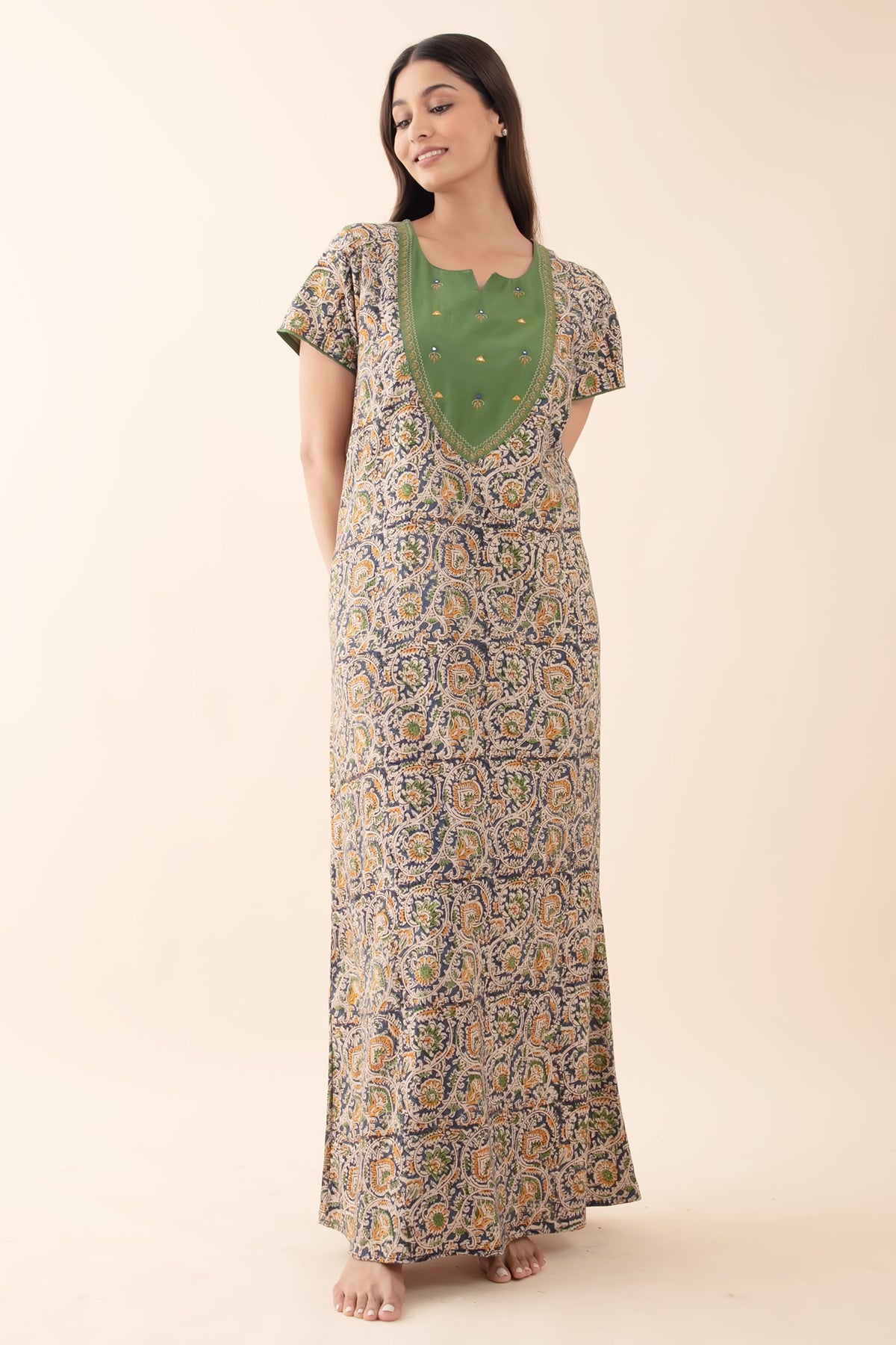 Kalamkari Nighty with Foil Mirror Embellished Yoke - Green