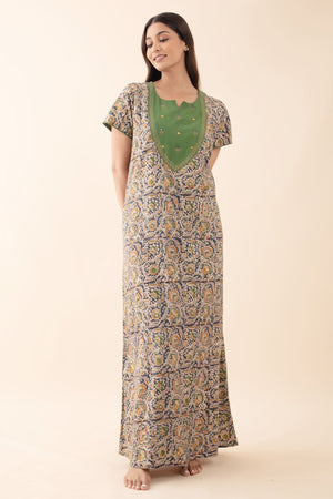 Kalamkari Nighty with Foil Mirror Embellished Yoke - Green