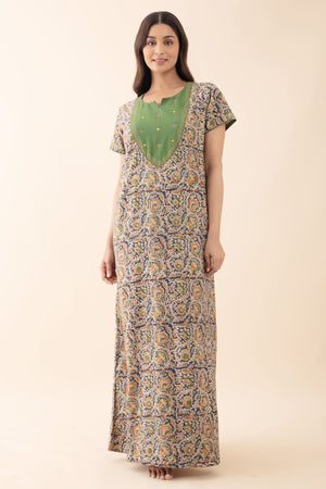 Kalamkari Nighty with Foil Mirror Embellished Yoke - Green