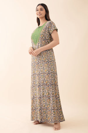 Kalamkari Nighty with Foil Mirror Embellished Yoke - Green