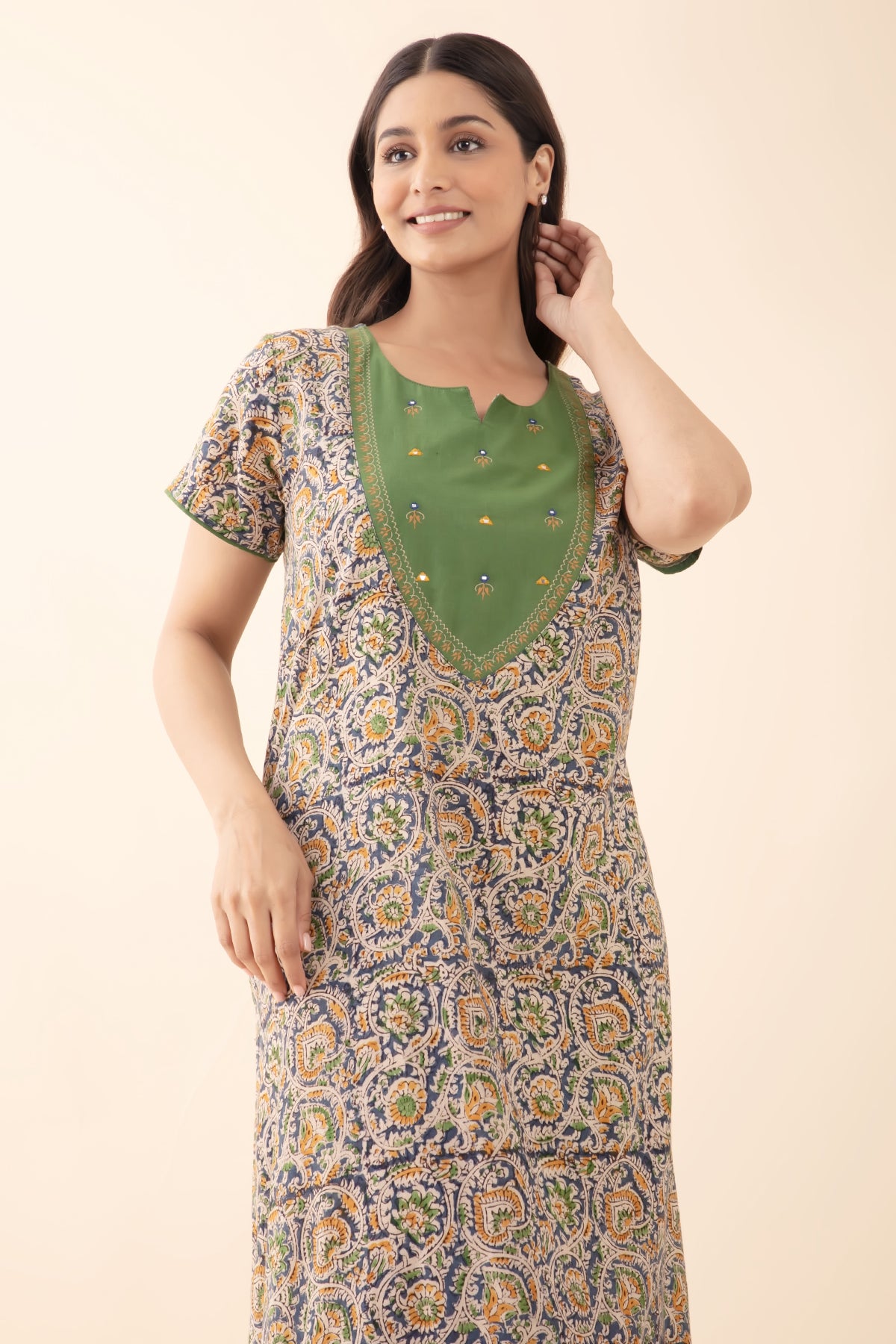 Kalamkari Nighty with Foil Mirror Embellished Yoke - Green