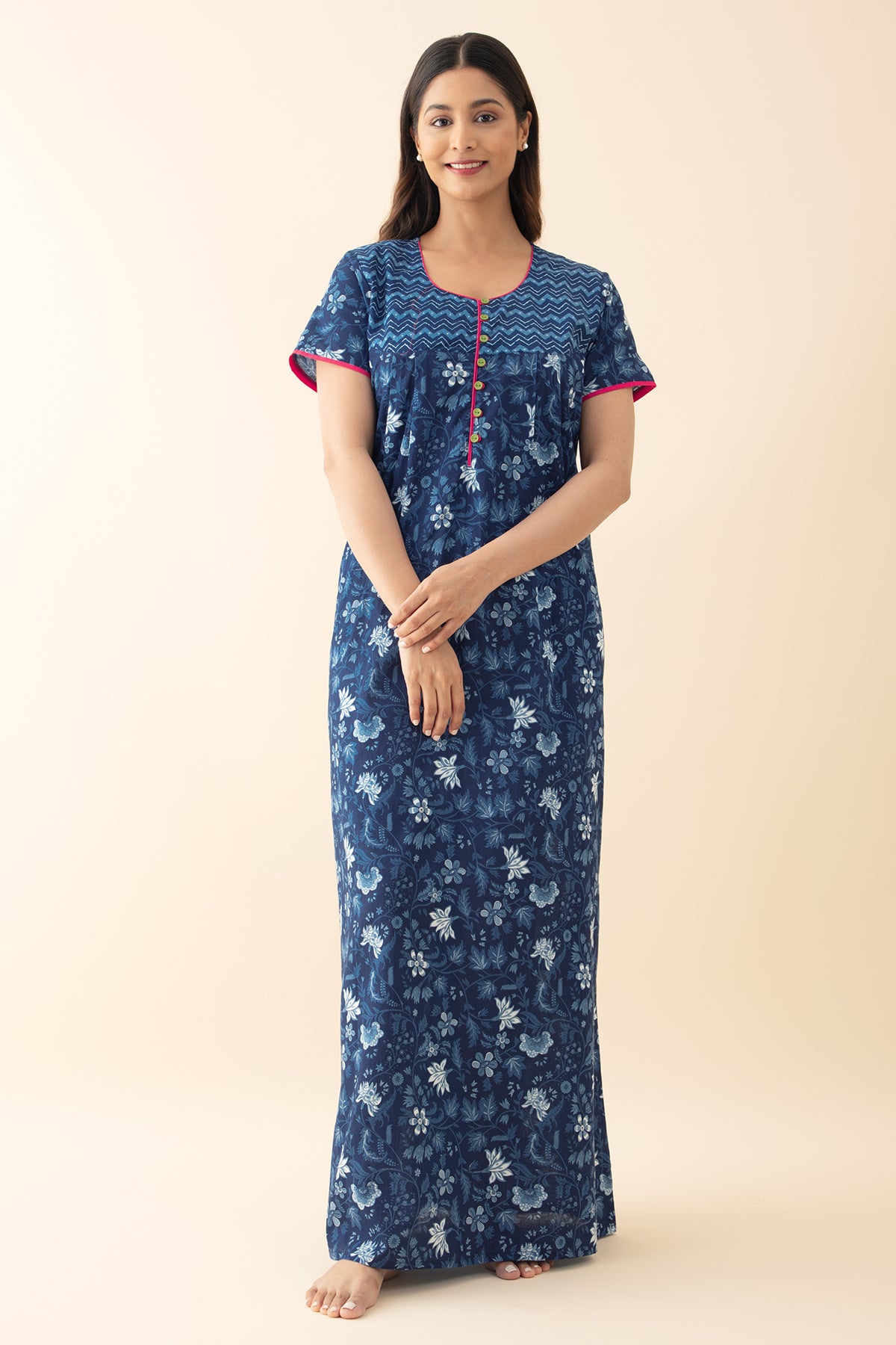 Floral Printed Cotton Nighty - Blue