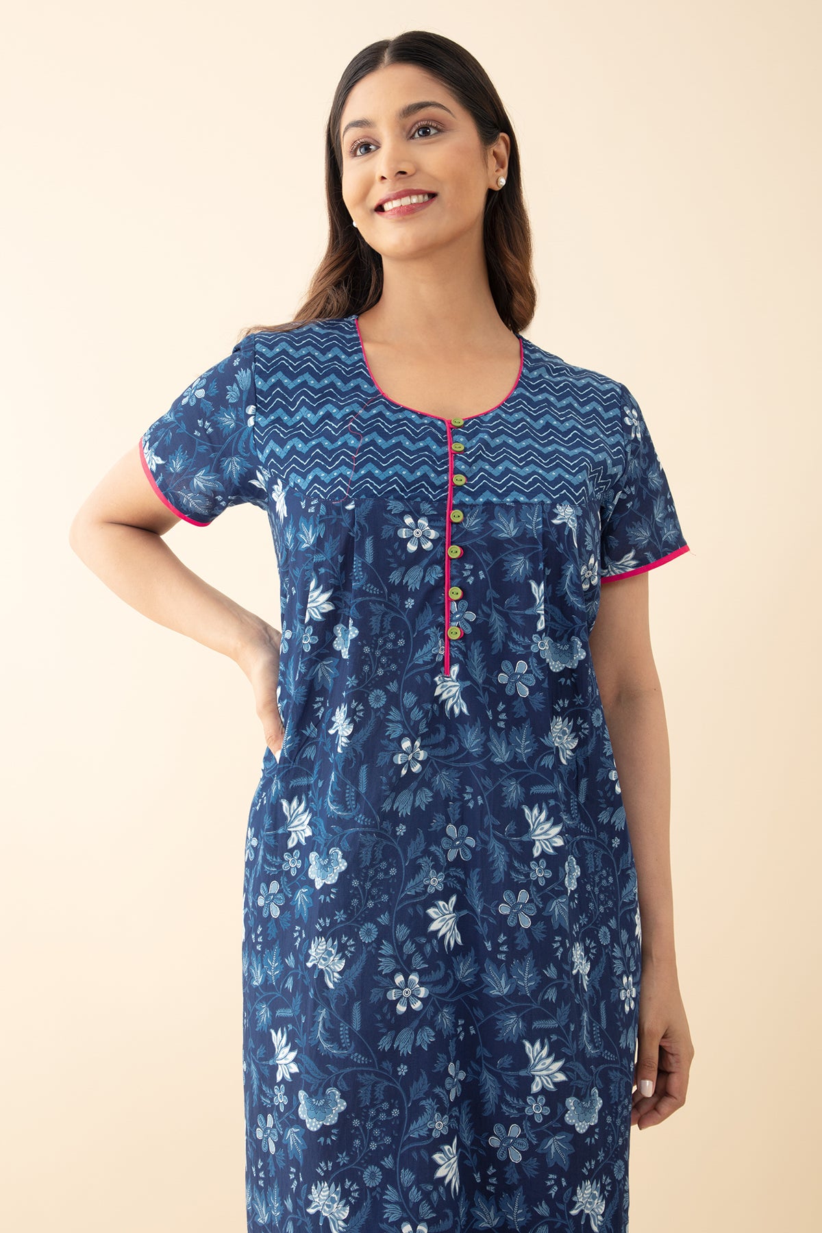 Floral Printed Cotton Nighty - Blue