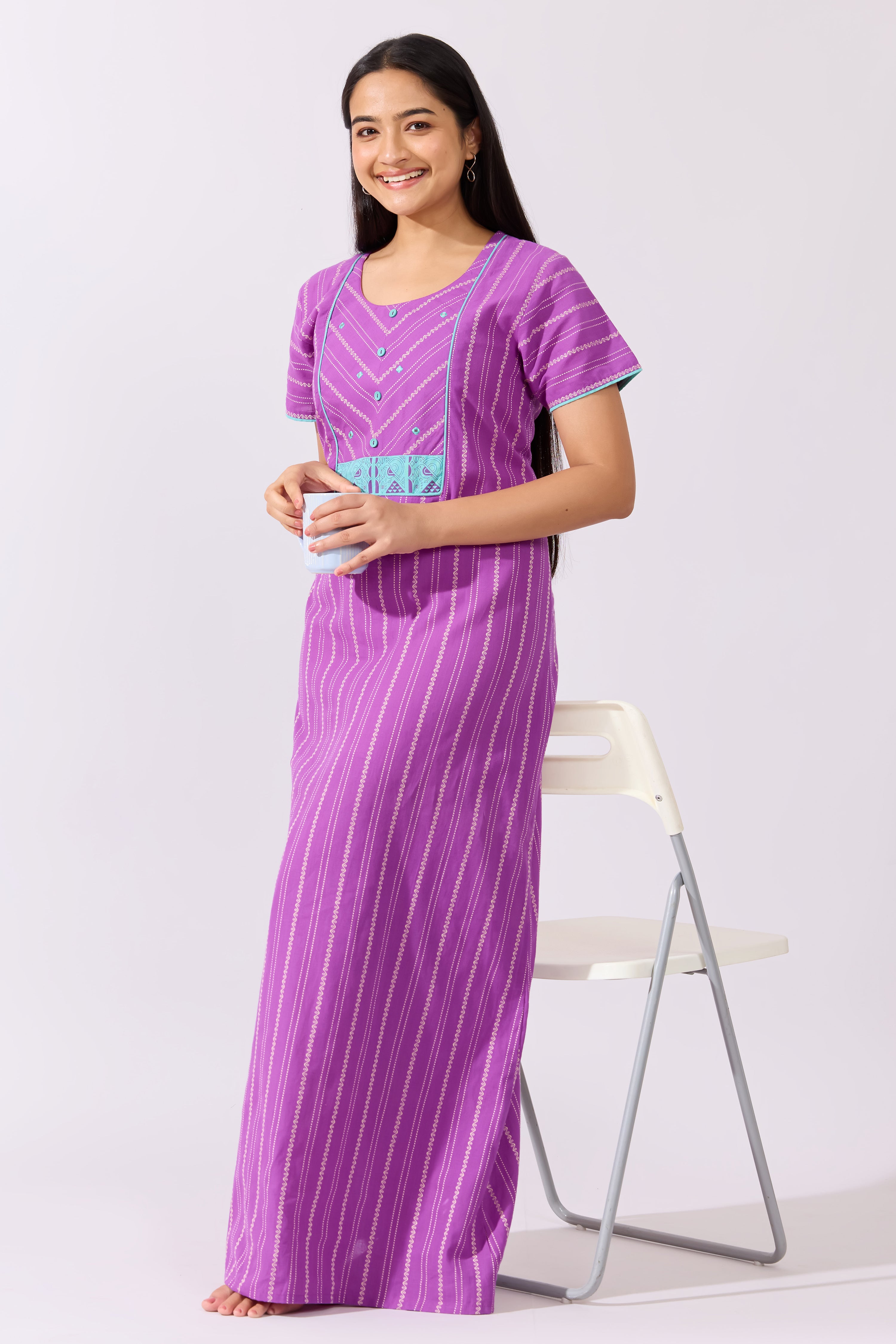 Purple Motif Striped Cotton Nightwear