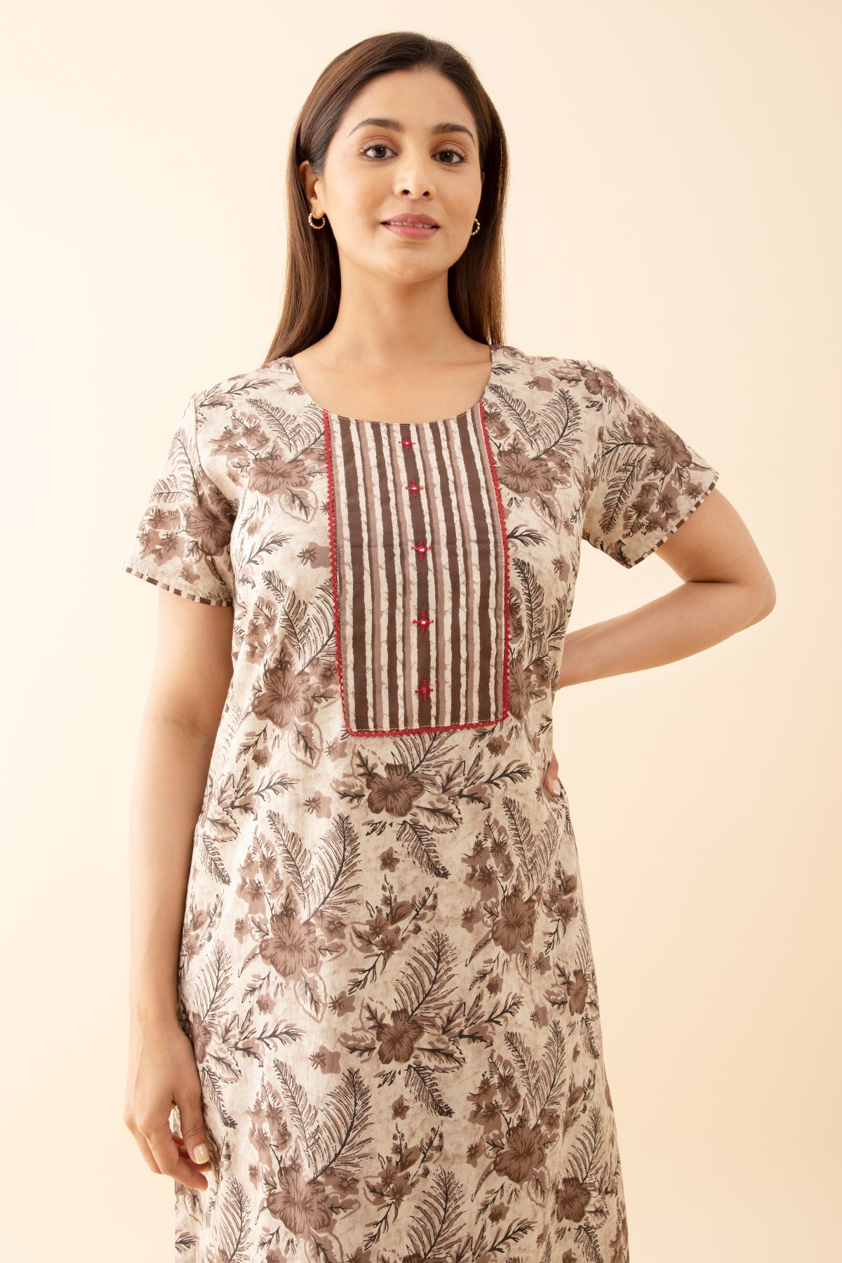 Autmnal Floral Printed Nighty with Striped Printed Yoke - Brown