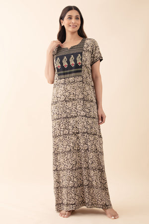 Kalamkari Nighty with Pasiley Printed Yoke - Black